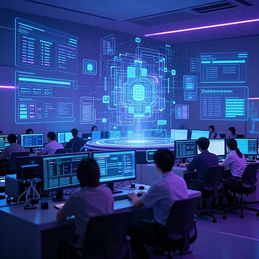 Photograph of a dimly lit, futuristic tech room with blue neon digital screens on the wall, numerous employees working on computers in front of them.