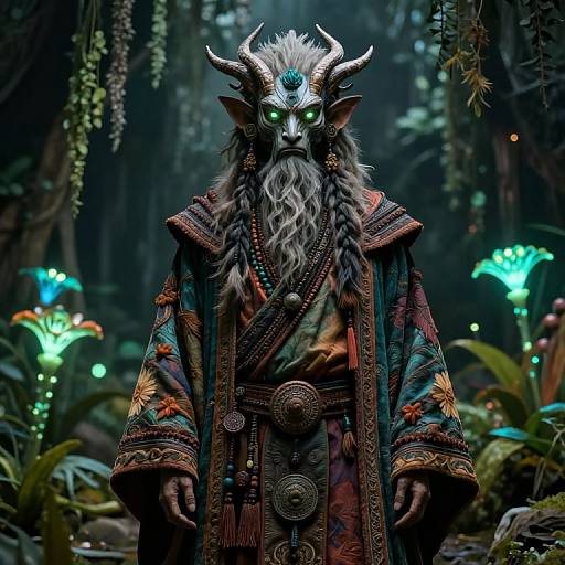 Digital fantasy artwork of a fierce, horned, glowing-eyed elf in ornate, patterned robes standing in a mystical, bioluminescent forest