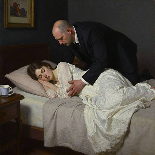 Photograph of a bald man in a black suit gently resting his head on a sleeping woman in a white lace wedding dress on a bed, with a