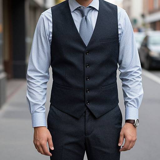 Photograph of a man in a black vest, white checked shirt, and gray tie, standing on a city street, visible from waist to wrist.