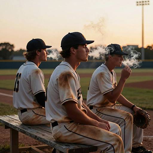Photograph of three male baseball players in dirty white uniforms and black caps, sitting on a wooden bench, smoking, at sunset on a baseball field.