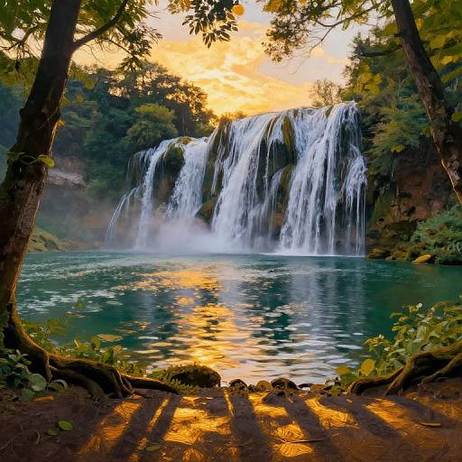 Photograph of a serene waterfall cascading into a clear, teal pool, framed by lush trees, with golden sunset light reflecting on the water.