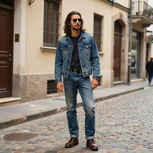 Photograph of a tall, bearded man with long brown hair, wearing sunglasses, denim jacket, black t-shirt, blue jeans, and brown boots