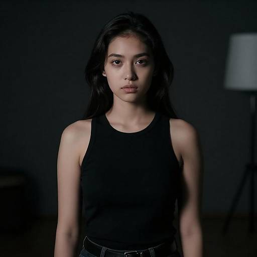 Young Woman in Black Sleeveless Top in Dimly Lit Room