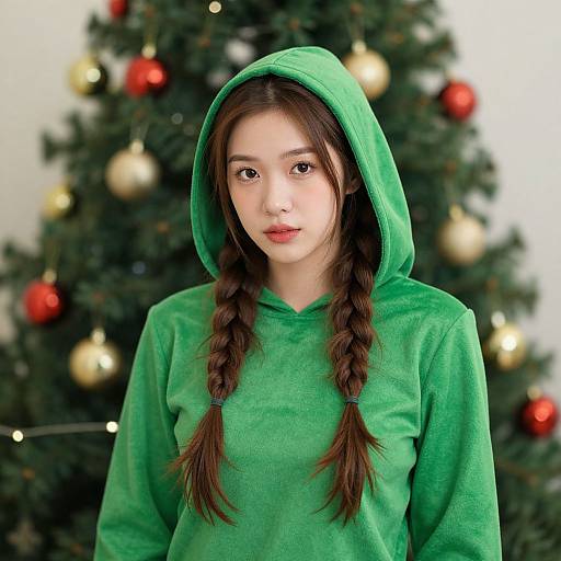 Young Asian girl with long braids in a green hoodie, standing in front of a Christmas tree with red and gold ornaments. Photograph.