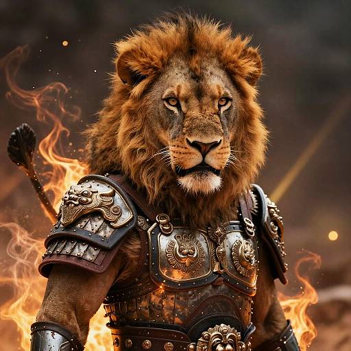 Digital illustration of a fierce, armored lion with a fiery background, featuring detailed, ornate metallic armor and intense, focused eyes.