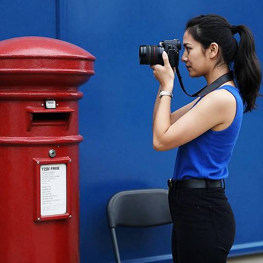 Focused Woman with Camera and Mailbox