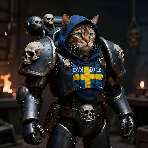 Digital art of a green-eyed cat in dark blue hooded armor with skulls, 