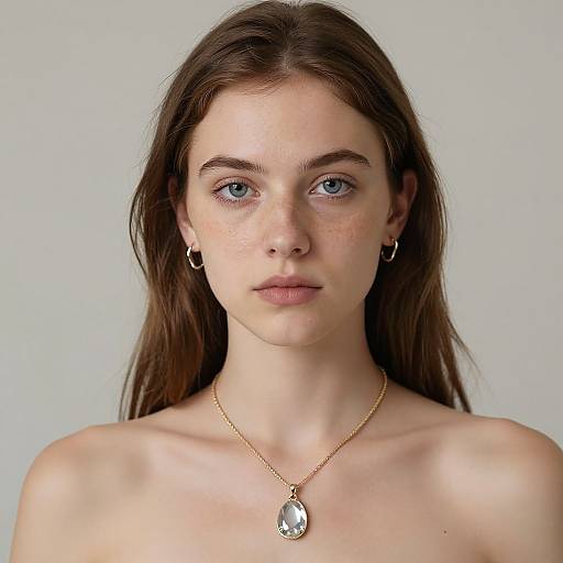 Photograph of a young woman with fair skin, blue eyes, and long brown hair, wearing gold hoop earrings and a gold necklace with a teard