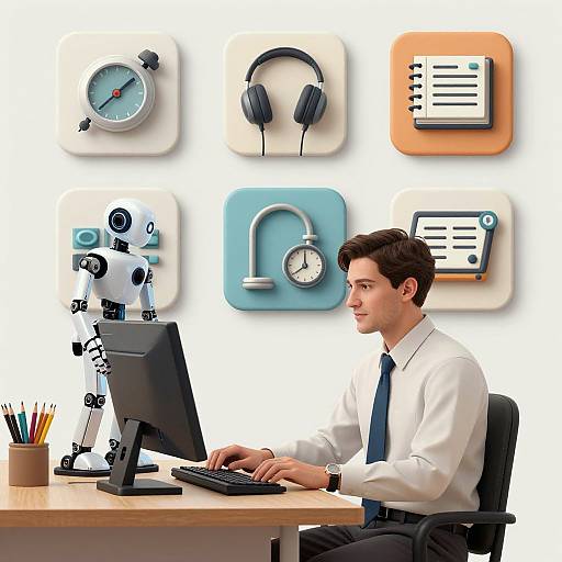 Photograph of a young man in a white shirt and blue tie, typing at a desk with a robot, surrounded by digital icons on a white wall