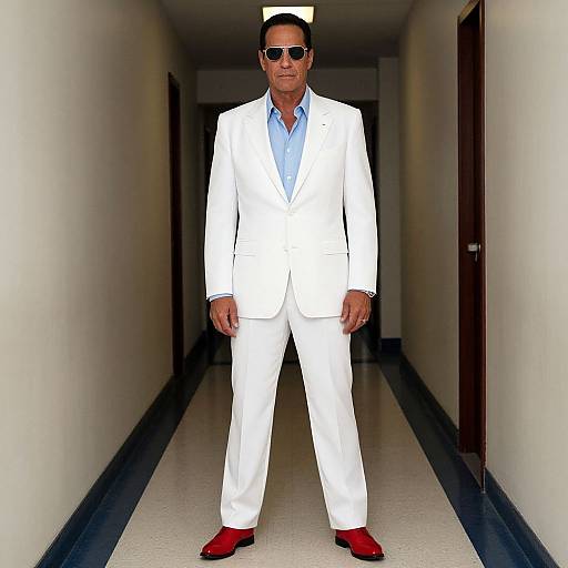 Photograph of a middle-aged man in a white suit, blue shirt, red shoes, and sunglasses, standing confidently in a long, narrow hallway.