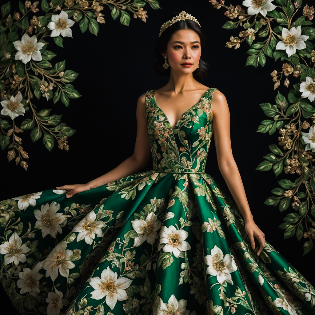 Elegant Woman in Floral Gown on Black