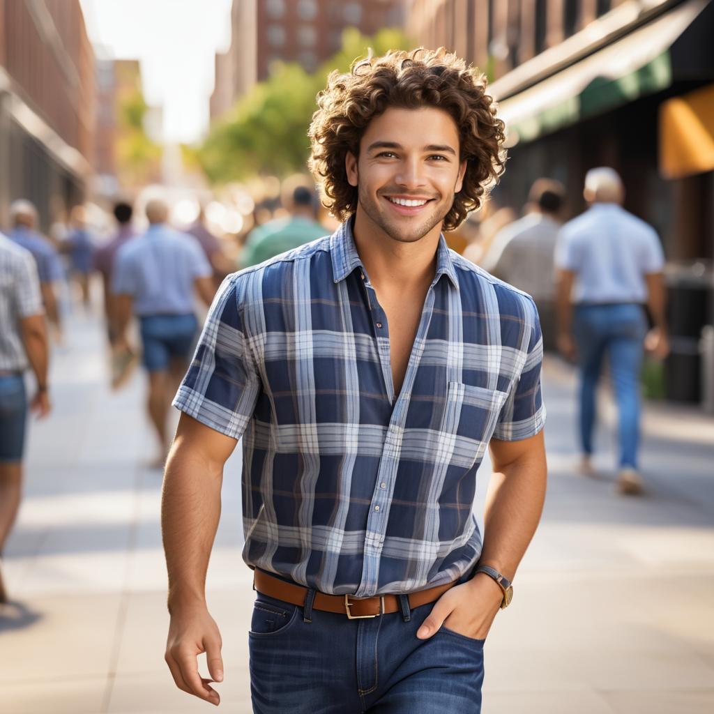 Dynamic Young Man on a Busy Sidewalk