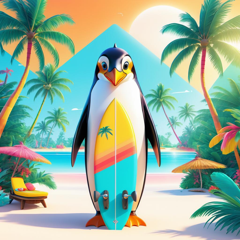 Playful Penguin Surfer on Tropical Beach