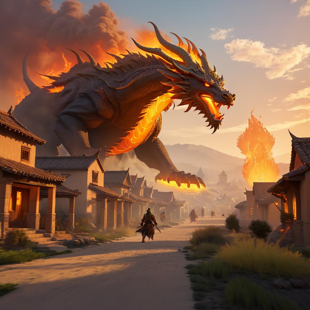 Epic Fantasy: Dragon Attack at Sunset