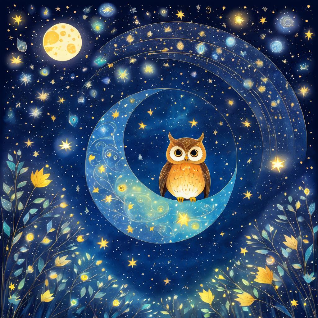 Whimsical Owl's Adventure in Night Sky