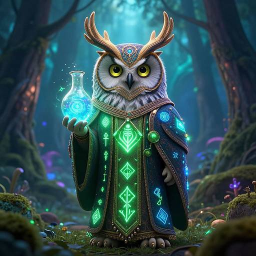 Digital artwork of a wise, anthropomorphic owl in a glowing, magical forest, holding a blue, glowing potion, wearing ornate, neon-accent