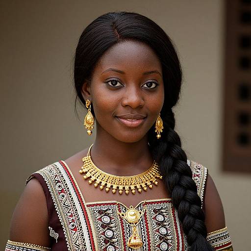 Photograph of a beautiful, dark-skinned African woman with a long braided hairstyle, wearing ornate gold jewelry and a detailed traditional dress, smiling