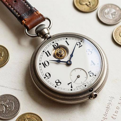 Vintage Pocket Watch with Leather Strap and Antique Coins