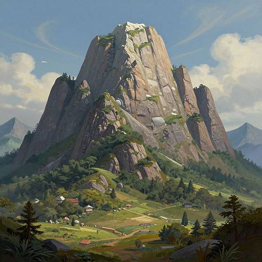 Digital painting of a towering, rocky mountain with patches of snow, surrounded by lush greenery and small alpine houses, under a bright blue sky with