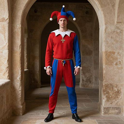 Photograph of a man in a red and blue jester costume with white collar, jester hat, and black shoes, standing in a stone arch