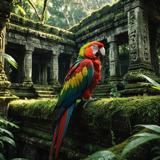 Vibrant Parrot on Jungle Temple