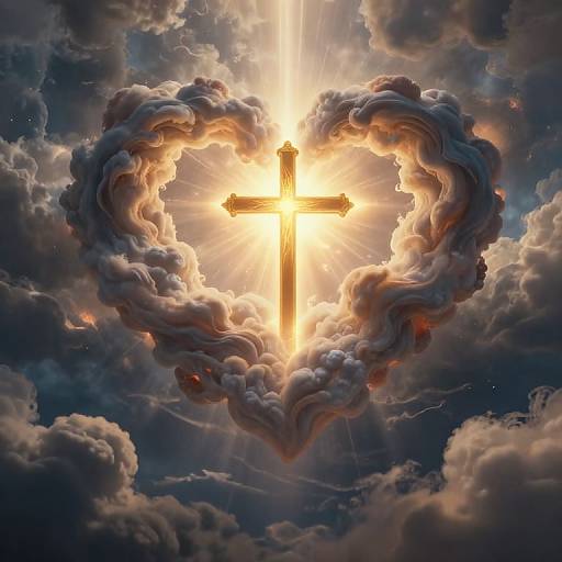 Glowing Cross in Heart-Shaped Clouds