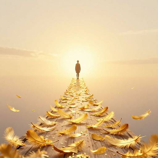 Golden sunset photograph of a person standing on a wooden pier, surrounded by falling feathers, creating a serene, ethereal atmosphere.