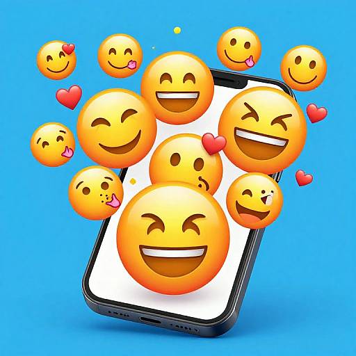 Digital illustration of a black smartphone displaying multiple yellow smiley faces with various expressions, surrounded by red hearts, against a bright blue background.