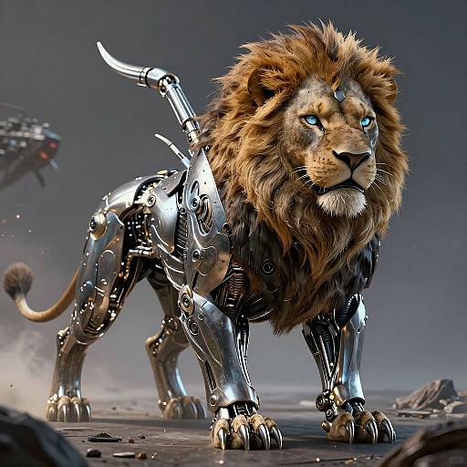 Digital artwork of a cybernetic lion with a metallic body and glowing blue eyes, standing on a rocky, dusty terrain. A robotic predator looms