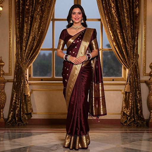 Photograph of a beautiful South Asian woman in a dark brown, gold-embellished saree, standing in an elegant room with gold curtains and