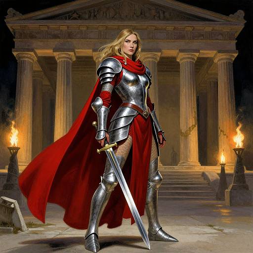 Digital art of a blonde warrior woman in silver armor, red cape, holding a sword, standing before ancient Roman columns with torches.