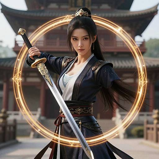Digital art of a fierce Asian woman in traditional black samurai armor, holding a glowing sword, surrounded by an ethereal circular light, in front of