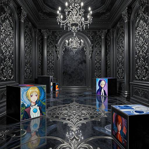 Digital anime-style artwork of a luxurious black and silver ornate room with a chandelier, featuring five colorful anime portraits on black cubes.