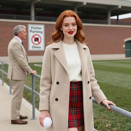 Red-haired Woman in Beige Coat at Stadium