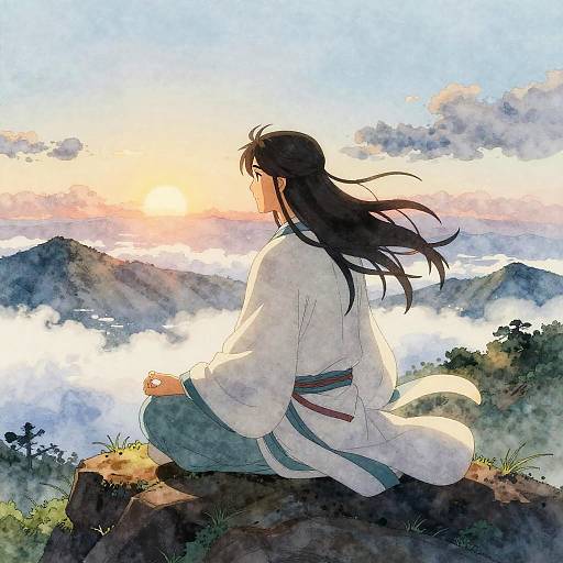 Digital anime-style drawing of a long-haired man in a white kimono, sitting on a rock, overlooking a misty mountain sunrise.