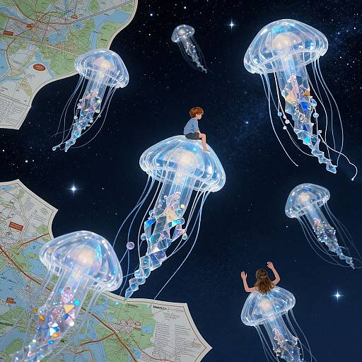 Digital illustration of children riding glowing, transparent jellyfish in a starry, space-like background with a map on the left.