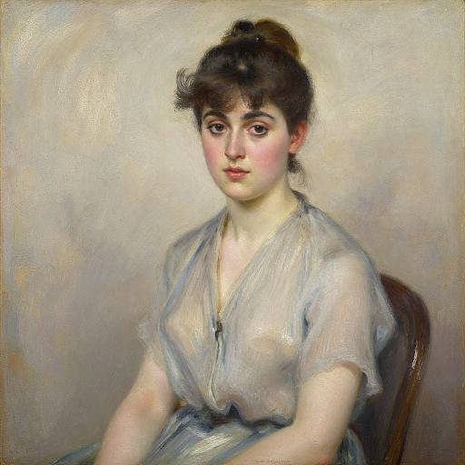 Impressionist painting of a young woman with fair skin, dark hair in a bun, wearing a sheer, light blue blouse, sitting on a wooden