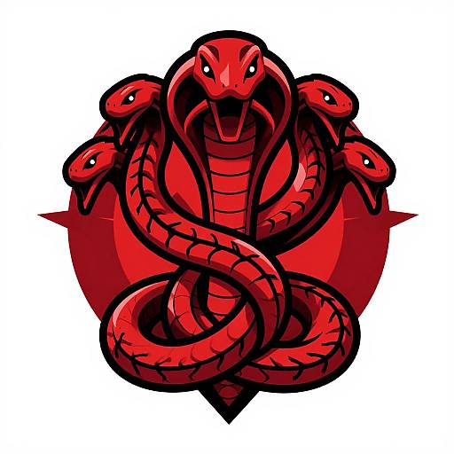 Digital illustration of a vibrant red, multi-headed cobra with black outlines, coiled and facing forward, set against a red shield.