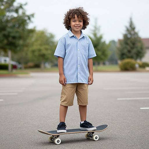 Photograph of a young boy with curly brown hair, wearing a blue striped shirt and khaki shorts, standing on a skateboard in an empty, tree