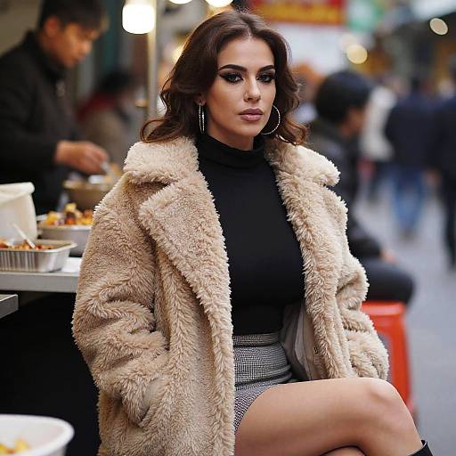 Photograph of a brunette woman with wavy hair, wearing a fluffy beige coat, black turtleneck, and checkered skirt, sitting in a