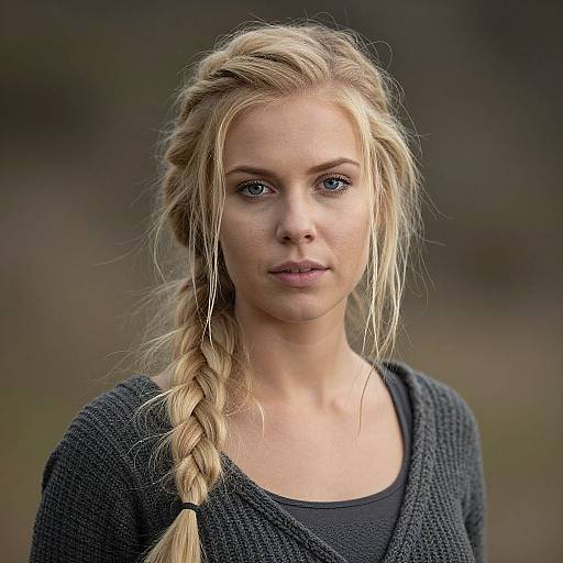 Photograph of a young blonde woman with fair skin, blue eyes, and a long braid, wearing a dark gray knit sweater, with a blurred