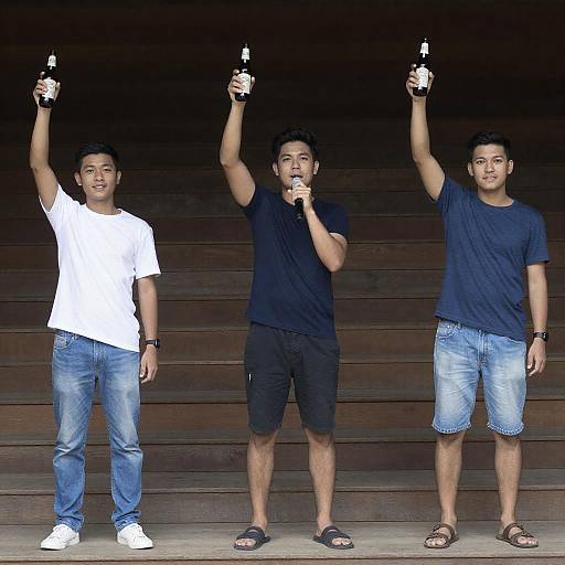 Three Friends Celebrating on Wooden Steps