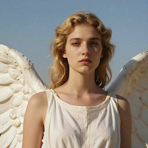 Photograph of a young blonde woman with wavy hair, wearing a white sleeveless top, standing against a clear blue sky with large white angel wings