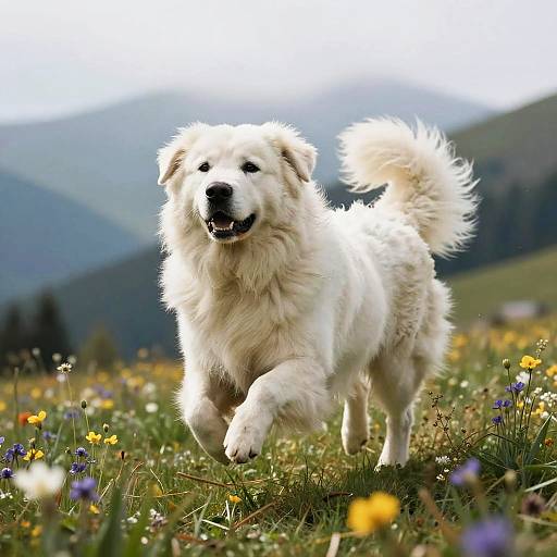 Photograph of a joyful, fluffy white Samoyed dog running through a colorful meadow with wildflowers, set against a mountainous backdrop.