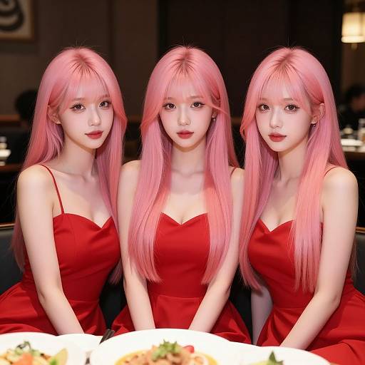 Photograph-style CGI of three identical Asian women with long pink hair, wearing red strapless dresses, seated in a dimly lit restaurant, smiling,