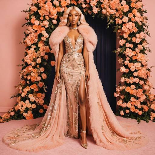 Elegant Woman in Sequined Gown with Faux Fur Stole