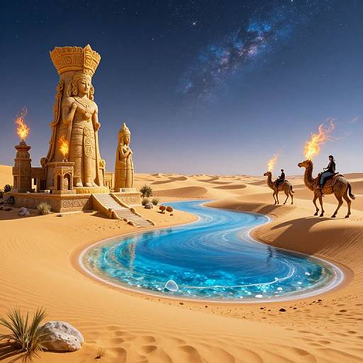 Digital artwork of a desert oasis with ancient stone towers, a glowing blue river, and two riders with torches on camels. Night sky with stars