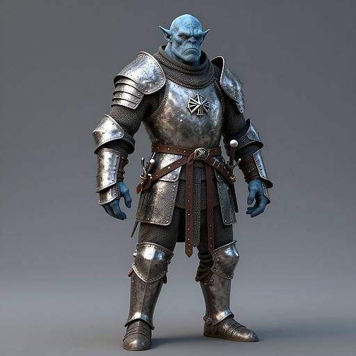 Digital 3D CGI of a blue-skinned, muscular orc warrior in shiny silver armor with a brown belt, star emblem, and pointed ears.