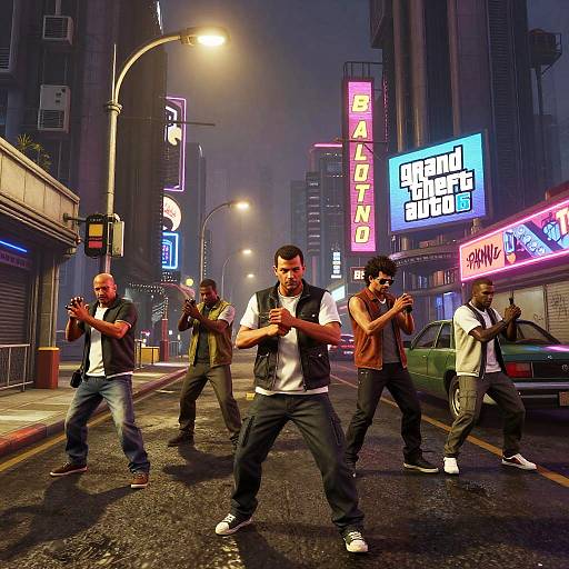 Photograph of five male rappers in a neon-lit urban street, performing dance poses with colorful signs and a foggy night background.